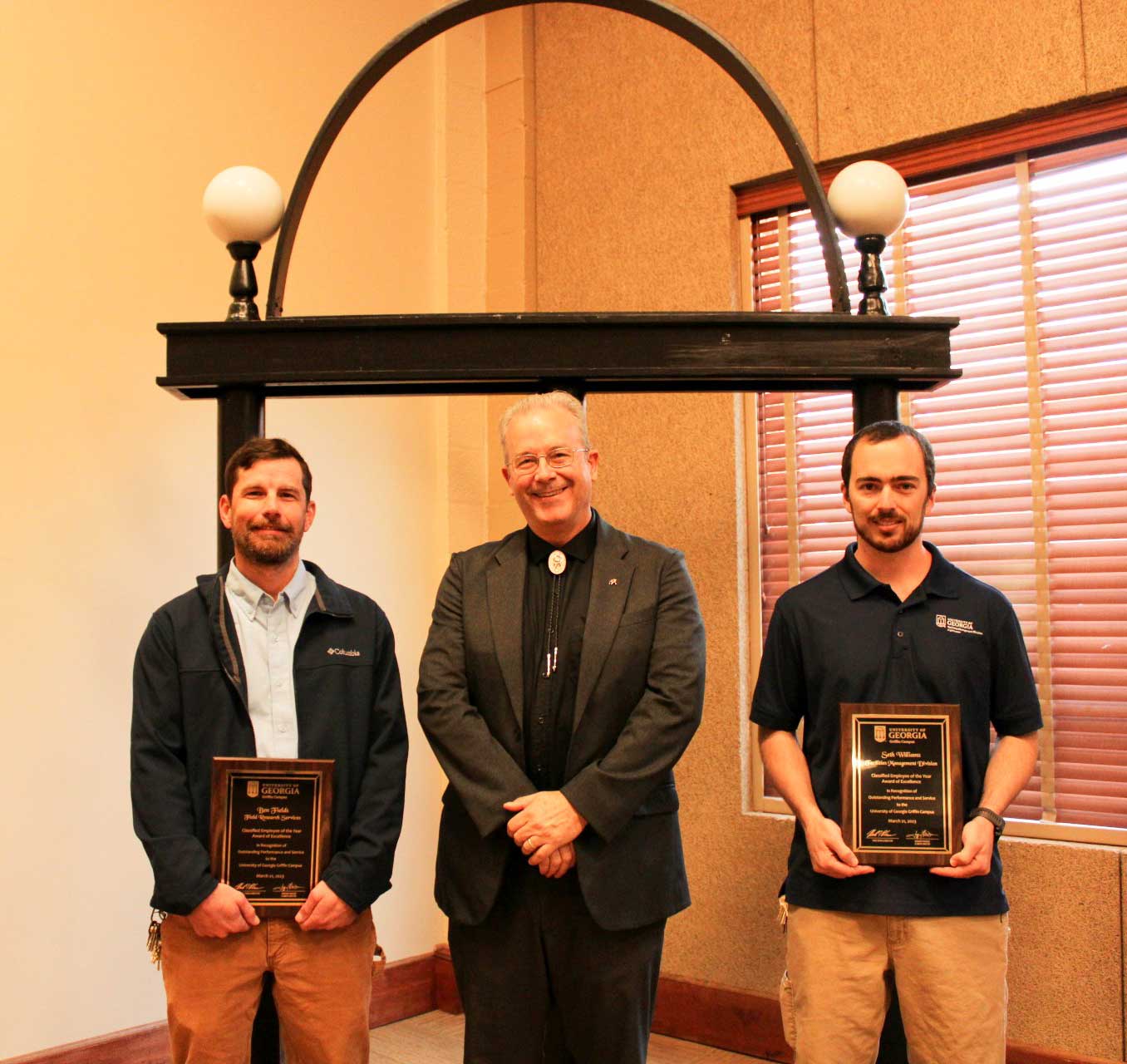 Jeffrey Dean (center), Assistant Provost and Campus Director for UGA Griffin with the 2023 Classified Employee Award recipients, Ben Fields (left) of Field Research Services and Seth Williams (right) of Facilities Management Division.