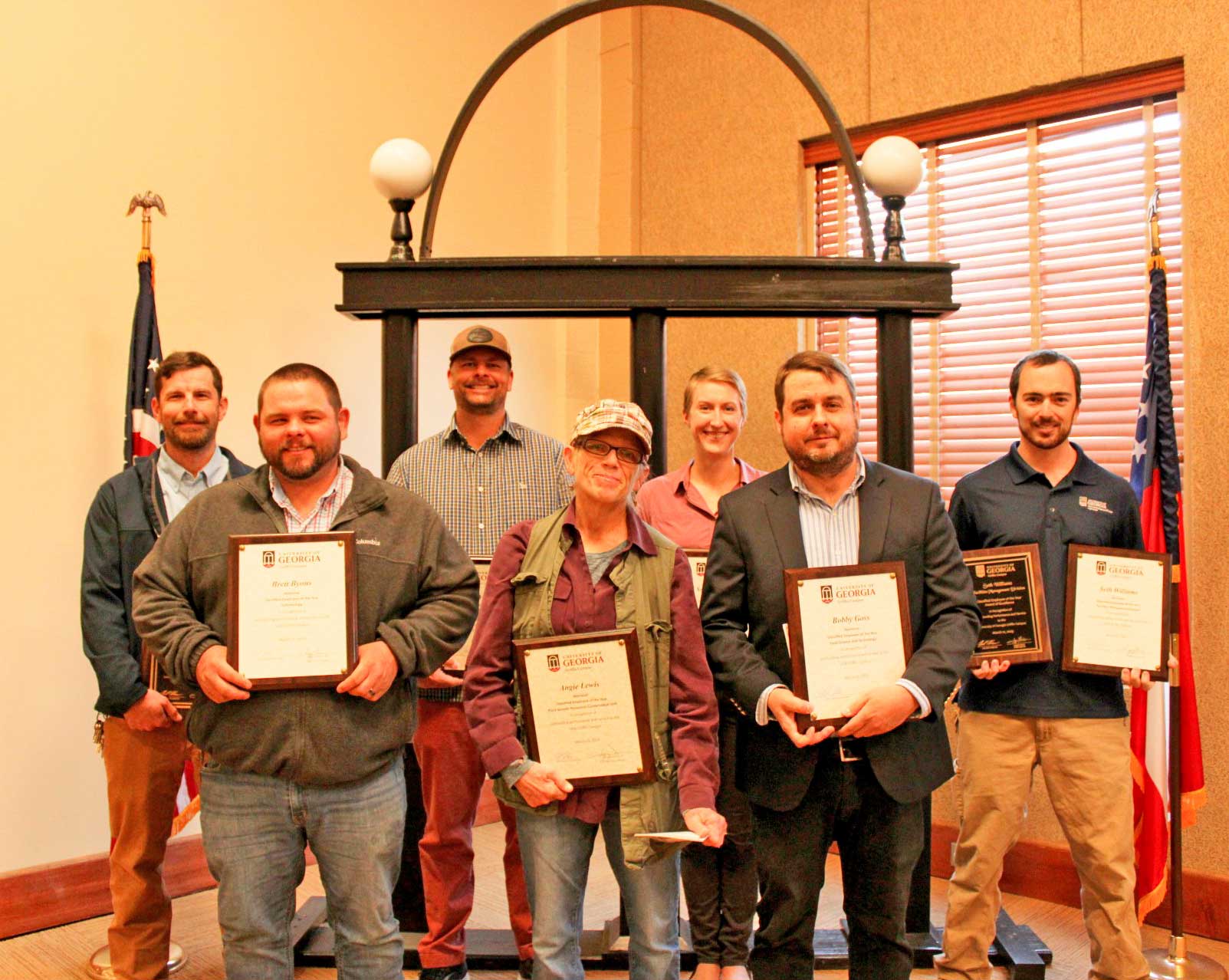 The nominees the 2023 UGA Griffin Classified Employee Award nominees l-r: Ben Fields (Field Research Services), Brett Byous (Entomology), Brian Vermeer (Plant Pathology), Angie Lewis (PGRCU), Somer Rowe (Crop and Soil Sciences), Bobby Goss (Food Science and Technology) and Seth Williams (Facilities Management Division).