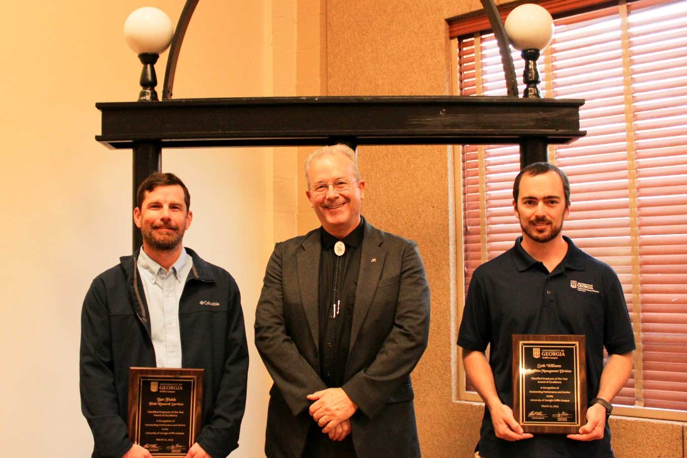Jeffrey Dean (center), assistant provost and campus director for UGA-Griffin, with the 2023 Classified Employee Award recipients, Ben Fields (left) of Field Research Services and Seth Williams of Facilities Management.
