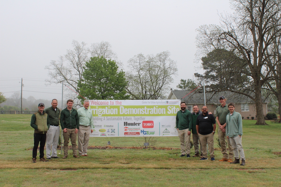 Scott Chatham, owner and president of Chatham Landscape (fourth from left) recently brought his management team to UGA-Griffin for a tour and training of the irrigation demonstration site, located on the Griffin campus. The group met with Rolando Orellana (third from right), the brainchild behind the site, and his colleagues to learn more about the proper installation and use of irrigation in landscaping.