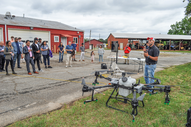 Simer Virk, assistant professor of crop and soil science and and UGA Cooperative Extension precision agriculture specialist, presents during a post-conference spray-drone workshop after the International Conference on Integrative Precision Agriculture on May 19.