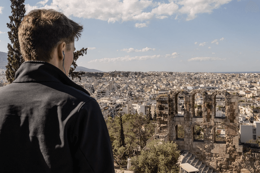 In Athens, Greece, CAES students hiked up the Acropolis to view various temples and the Parthenon, learning about the modern-day uses of the Odeon of Herodes Atticus, a stone Roman theater structure on the southwest slope.