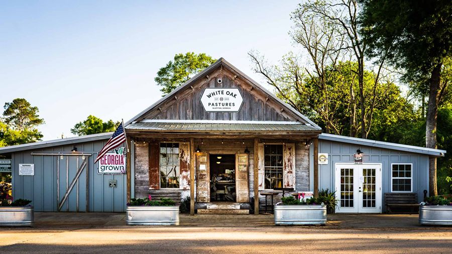 At the White Oak Pastures farm store, visitors can purchase grass-fed beef, grass-fed lamb, heritage and Iberico pork, pastured chicken and poultry, specialty meats, organic vegetables, and a line of products created on site.