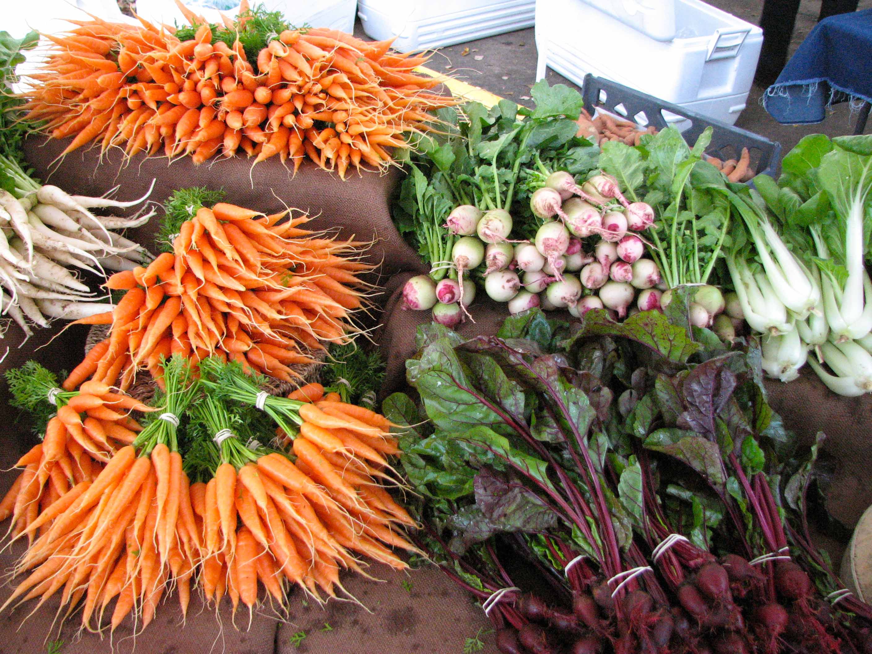 Fresh vegetables at a vendor stand at the Athens Farmers Market in Athens, Ga.