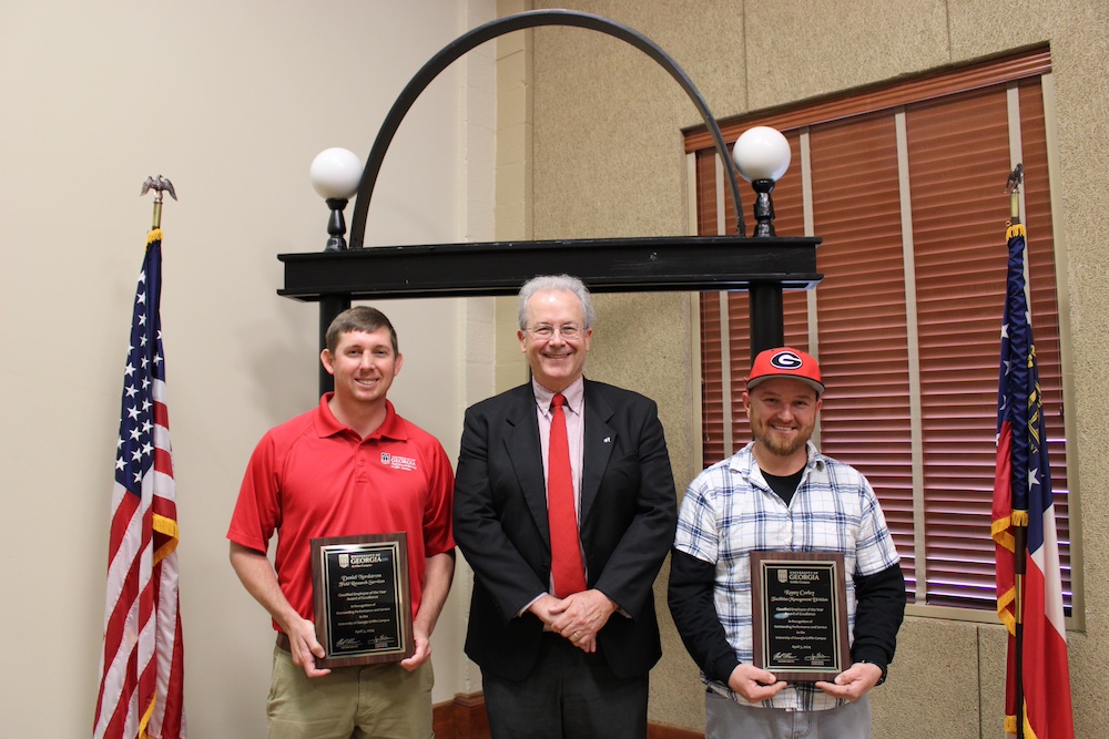 Jeffrey Dean (center), assistant provost and campus director for UGA-Griffin, with 2024 Classified Employee Award recipients Daniel Nordstrom (left) and Kenny Corley. (Photos by Ashley Biles)