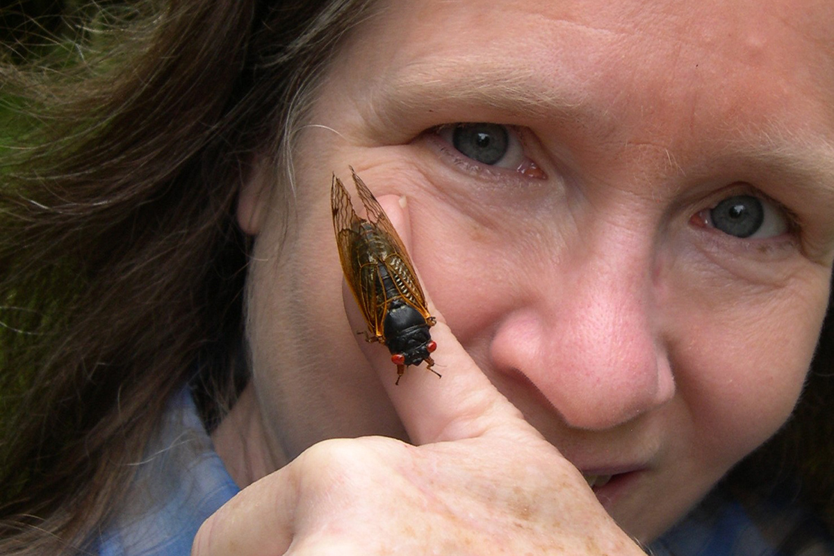 A close-up image of a woman's face, holding a periodical cicada on her thumb.