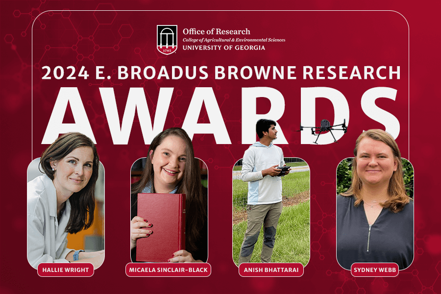 A design featuring the CAES Office of Research logo above white 2024 E. Broadus Browne Research Awards text, which sits on top of four evenly-spaced images of Hallie Wright, Micaela Sinclair-Black, Anish Bhattarai and Sydney Webb
