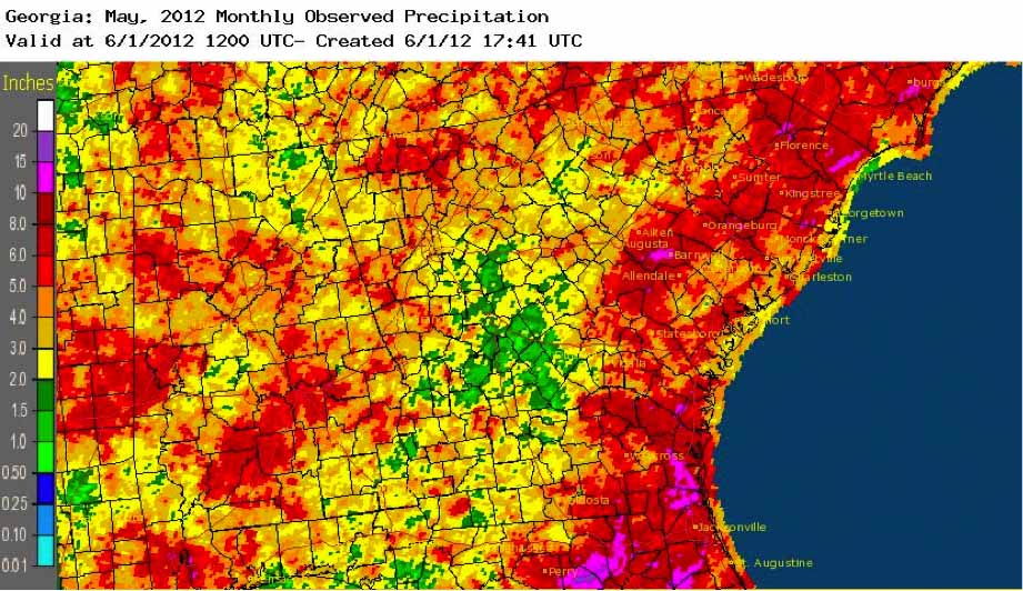 This map shows the amount of precipitation in Georgia in May 2012. Click on "view image" to see an enlarged version of the map.
