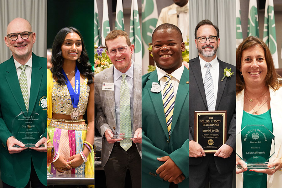 Honorees at the 2024 State 4-H Congress included 4-H Green Jacket Award winner Jay Morgan, Master 4-H’er Vidhi Patel, Warnell Associate Dean for Outreach Nick Fuhrman for Warnell  accepting the Friend of 4-H Award on behalf of the college, Georgia 4-H State President Kingston Ryals, William H. Booth Award winner Patrick Willis, and Ryles Rising Star Award Laura Mirarchi.