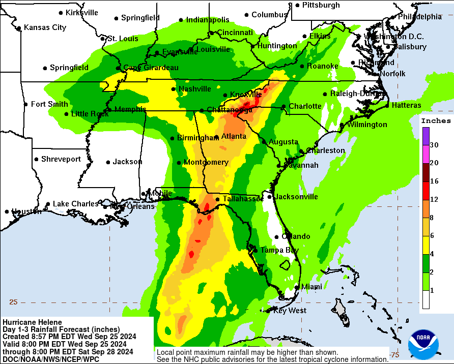 Hurricane Helene rainfall forecast, sept. 25